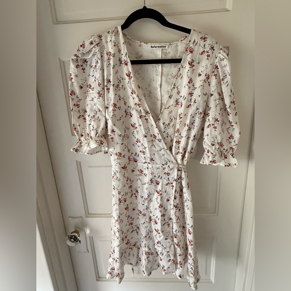 Reformation White Dress with Red Floral Print